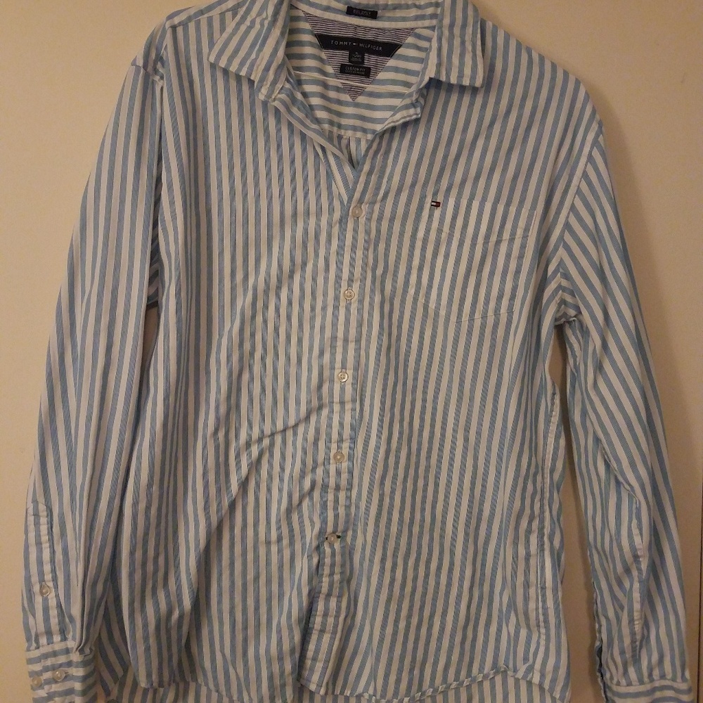 Tommy Hilfiger-Mens XL Light Blue Striped ButtonUp
